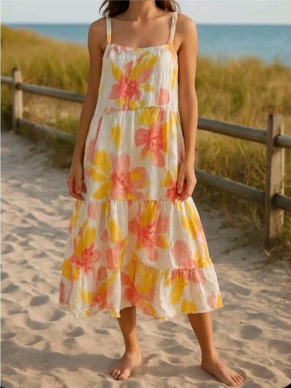 Free People Moonshine Linen Blend Sundress Floral Tiered Women's XS Yellow